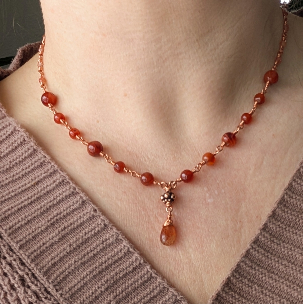 Elegant Carnelian Agate Necklace Artisan Crafted Copper Chain - Picture 6 of 15